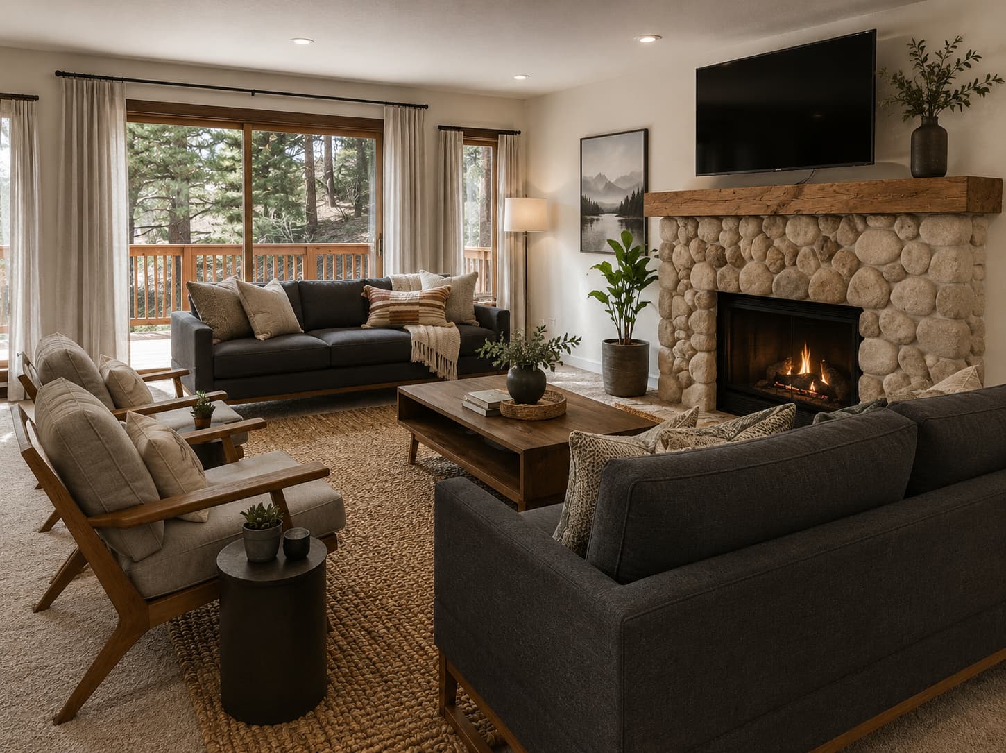 A warm living room with a natural stone fireplace, layered neutral seating, and a view of the surrounding trees