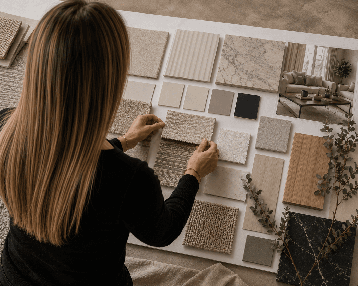 Kristie reviewing a board of fabric, tile, and material swatches for a project