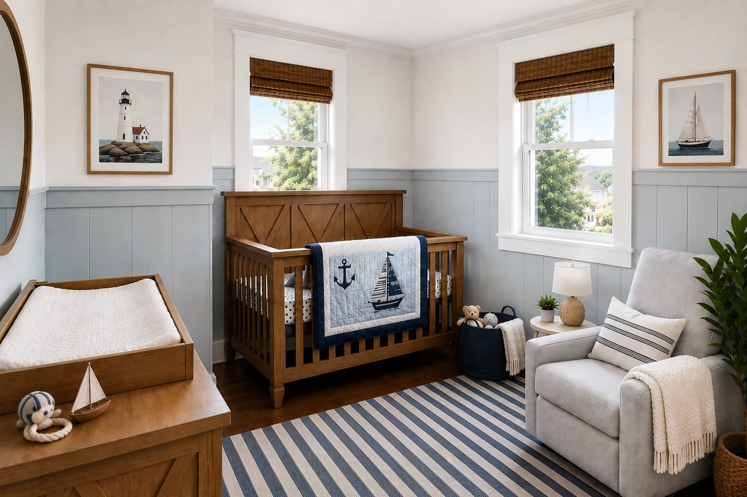 Coastal-inspired nursery with a wood crib, navy-and-white striped rug, and framed lighthouse and sailboat artwork