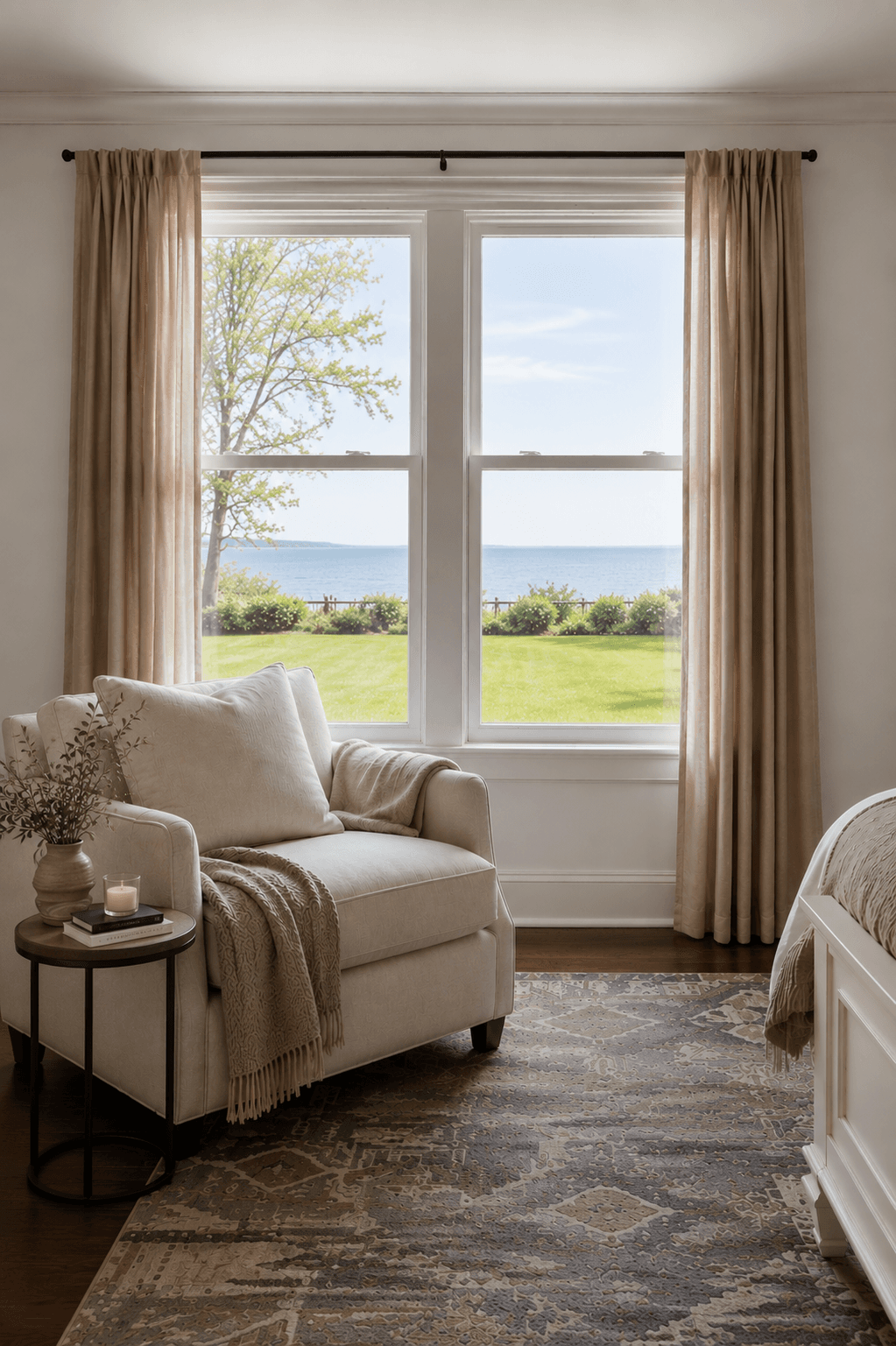 Serene primary bedroom with a water view, layered neutral linens, and a reading chair positioned by the window