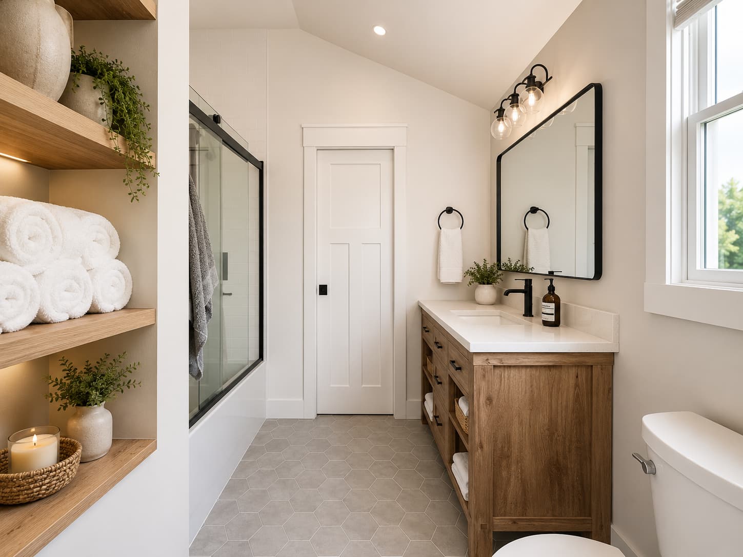 Refreshed bathroom with a wood vanity, black fixtures, open shelving with rolled towels, and a glass shower enclosure