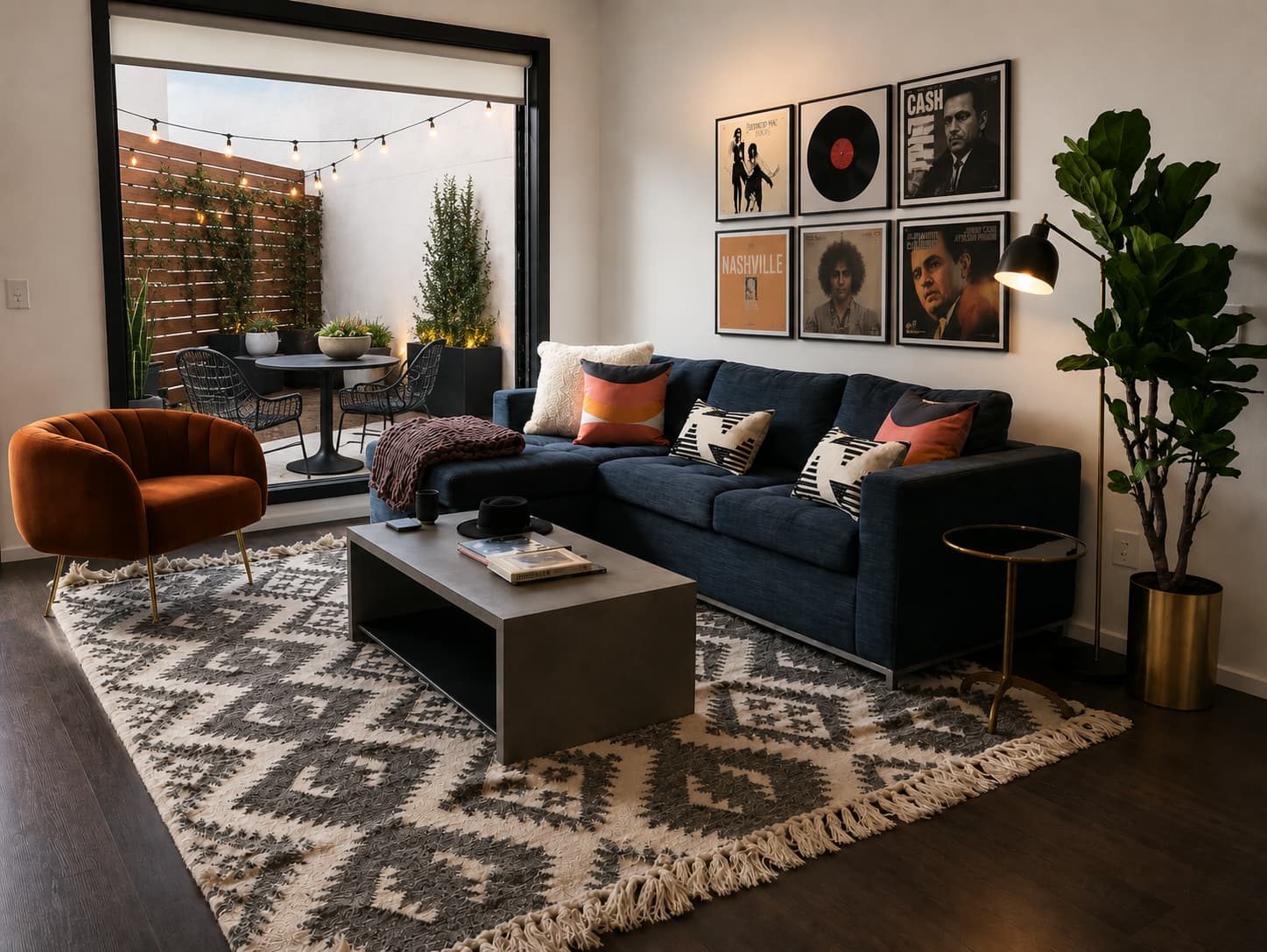 Music-themed living room with a navy sectional, framed album artwork, and a patio strung with market lights
