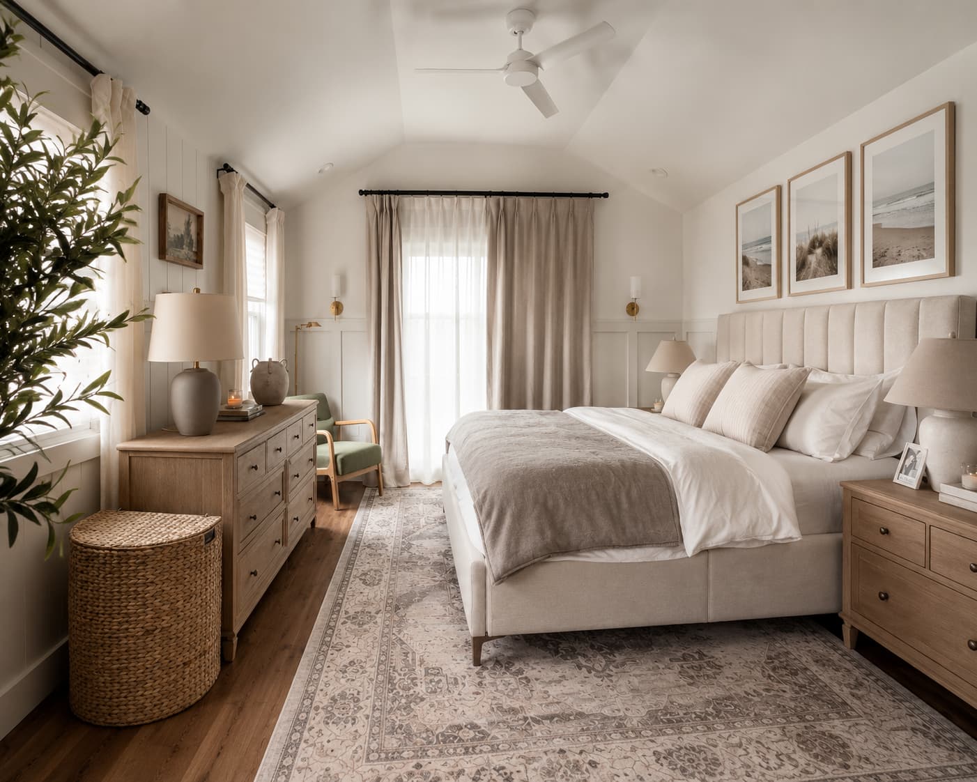 A layered, welcoming primary bedroom with warm wood furniture and soft neutral textiles